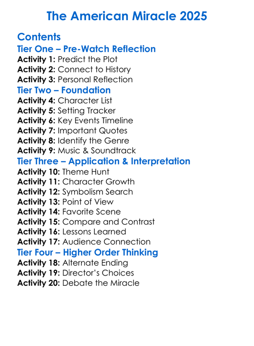 The American Miracle 2025 Worksheet Activity Booklet