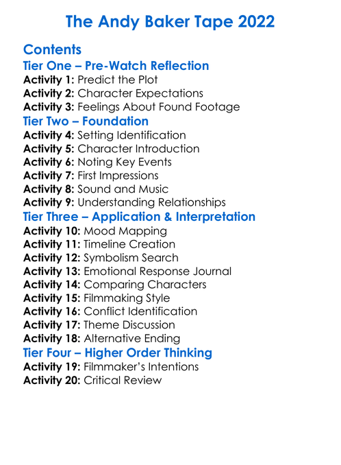 The Andy Baker Tape 2022 Worksheet Activity Booklet