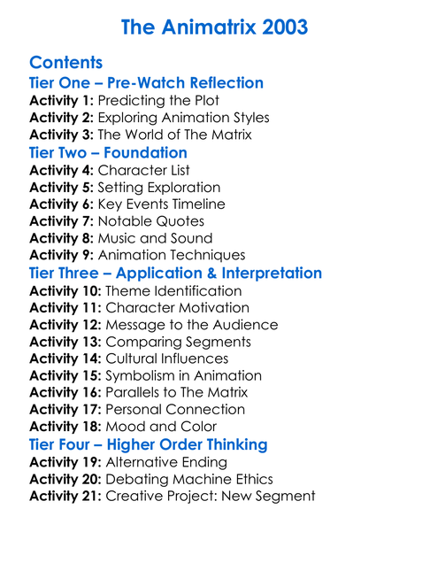 The Animatrix 2003 Worksheet Activity Booklet
