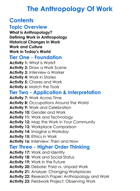 The Anthropology Of Work Worksheet Activity Booklet
