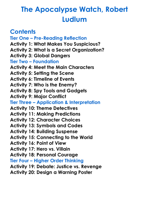 The Apocalypse Watch Robert Ludlum Worksheet Activity Booklet