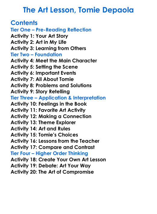 The Art Lesson Tomie Depaola Worksheet Activity Booklet