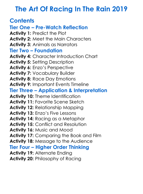 The Art Of Racing In The Rain 2019 Worksheet Activity Booklet