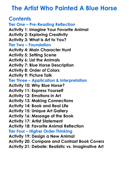 The Artist Who Painted A Blue Horse Worksheet Activity Booklet