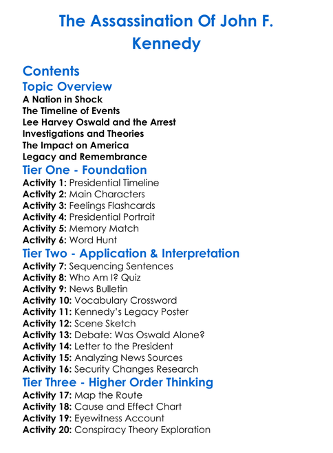 The Assassination Of John F Kennedy Worksheet Activity Booklet