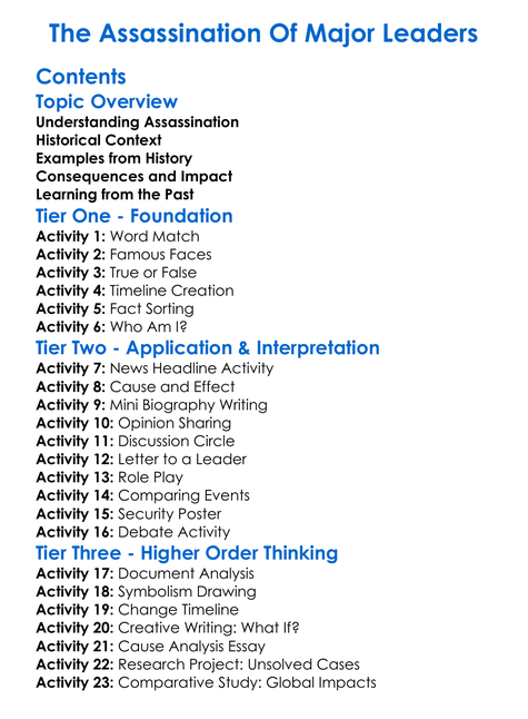 The Assassination Of Major Leaders Worksheet Activity Booklet