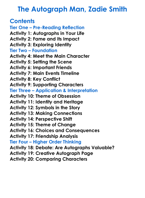 The Autograph Man Zadie Smith Worksheet Activity Booklet