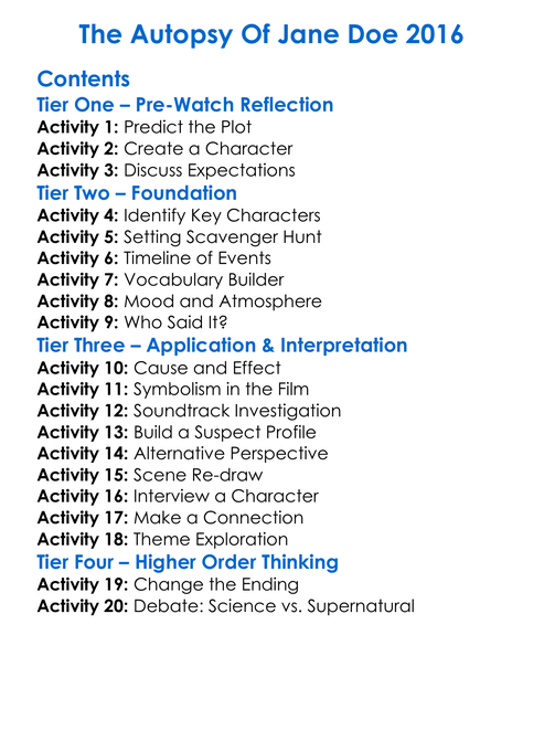 The Autopsy Of Jane Doe 2016 Worksheet Activity Booklet