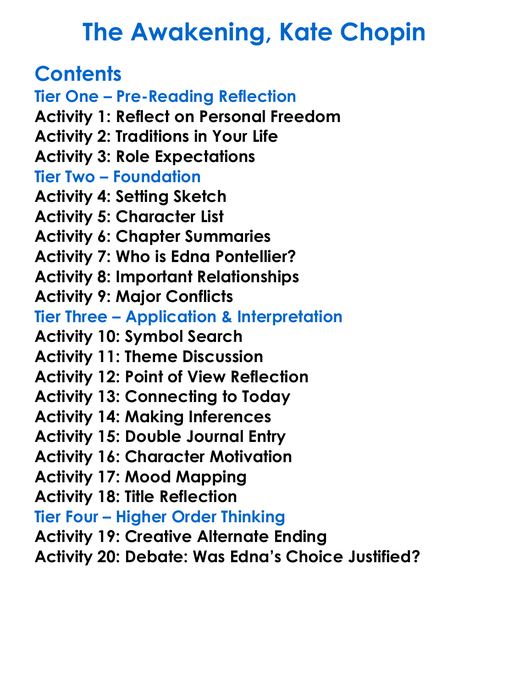 The Awakening Kate Chopin Worksheet Activity Booklet