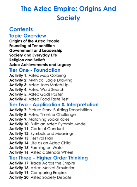 The Aztec Empire Origins And Society Worksheet Activity Booklet