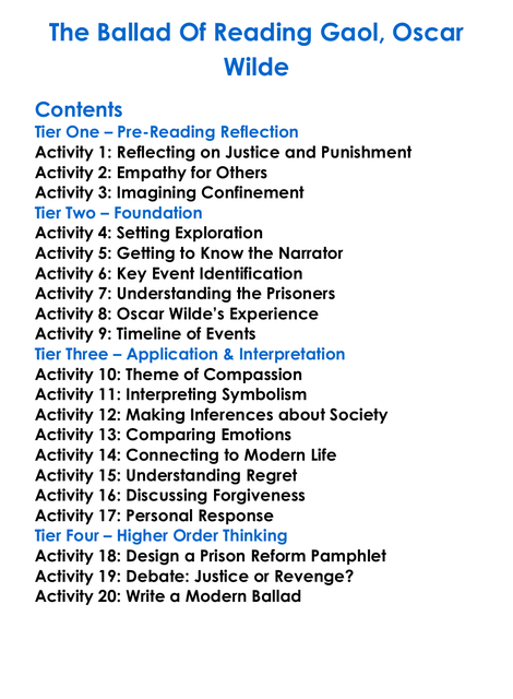 The Ballad Of Reading Gaol Oscar Wilde Worksheet Activity Booklet