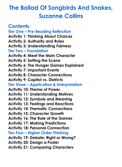 The Ballad Of Songbirds And Snakes Suzanne Collins Worksheet Activity Booklet