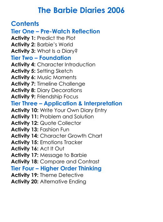 The Barbie Diaries 2006 Worksheet Activity Booklet