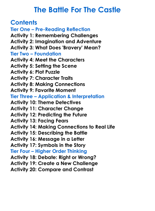 The Battle For The Castle Worksheet Activity Booklet