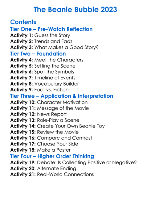 The Beanie Bubble 2023 Worksheet Activity Booklet