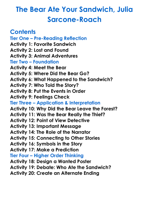 The Bear Ate Your Sandwich Julia Sarcone-Roach Worksheet Activity Booklet