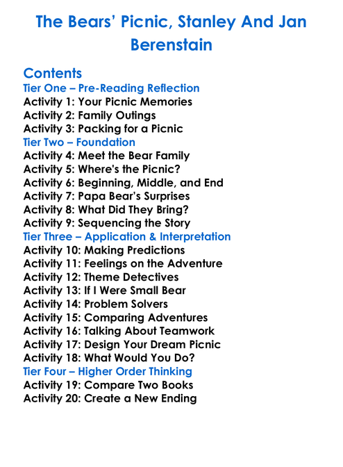 The Bears Picnic Stanley And Jan Berenstain Worksheet Activity Booklet