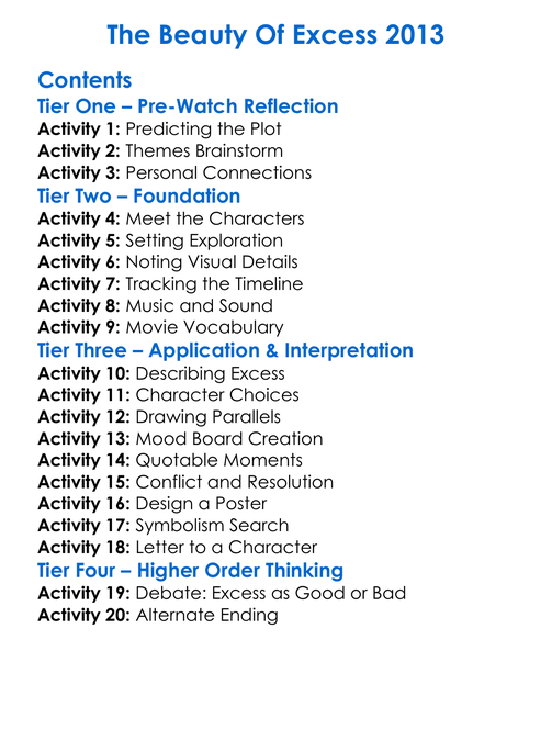 The Beauty Of Excess 2013 Worksheet Activity Booklet