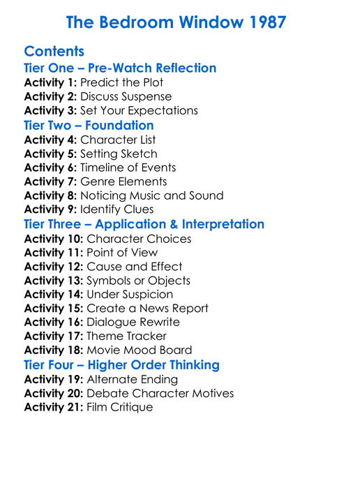 The Bedroom Window 1987 Worksheet Activity Booklet