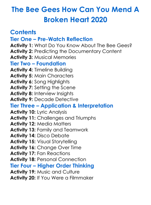 The Bee Gees How Can You Mend A Broken Heart 2020 Worksheet Activity Booklet