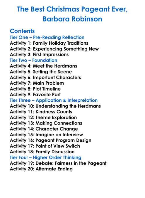 The Best Christmas Pageant Ever Barbara Robinson Worksheet Activity Booklet