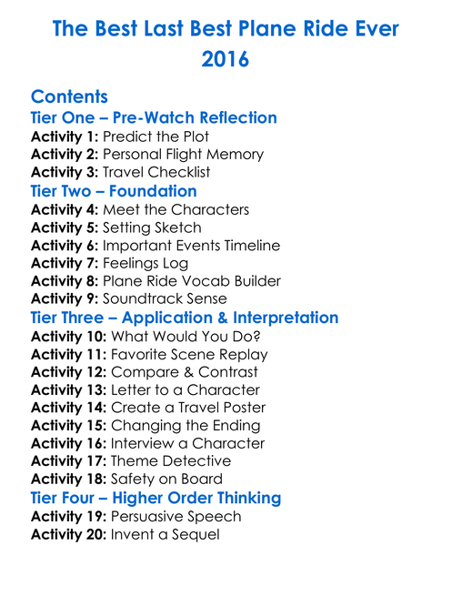 The Best Last Best Plane Ride Ever 2016 Worksheet Activity Booklet