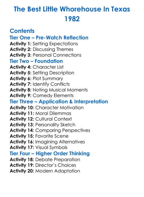 The Best Little Whorehouse In Texas 1982 Worksheet Activity Booklet