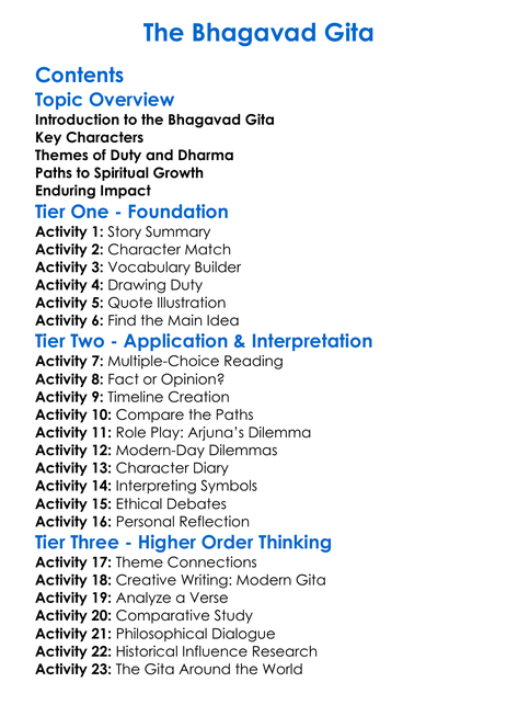 The Bhagavad Gita Worksheet Activity Booklet