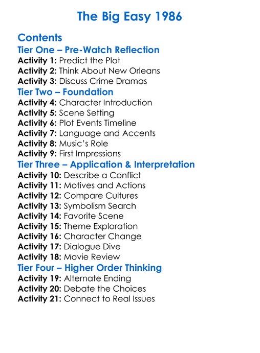 The Big Easy 1986 Worksheet Activity Booklet