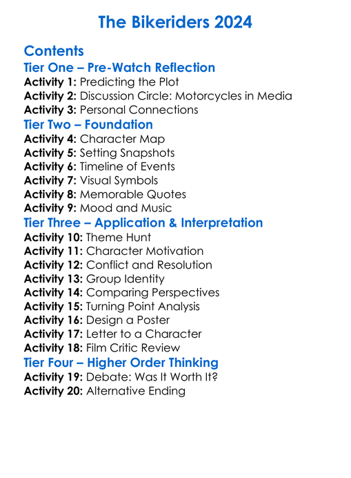 The Bikeriders 2024 Worksheet Activity Booklet