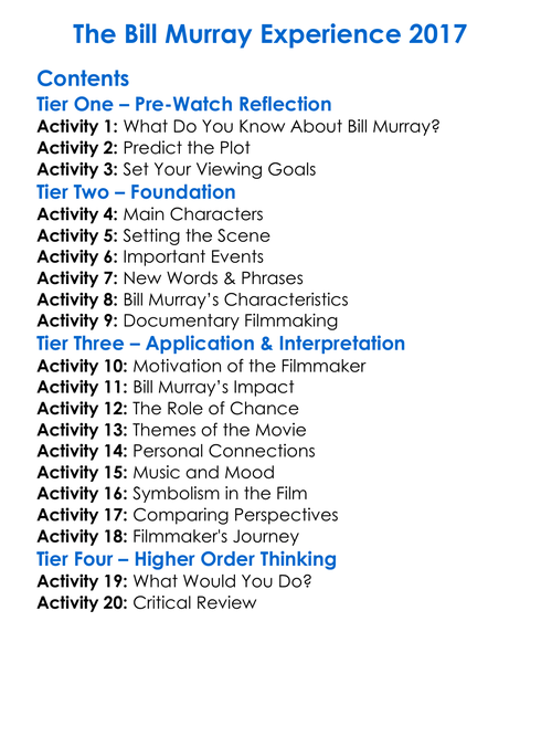 The Bill Murray Experience 2017 Worksheet Activity Booklet