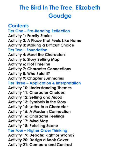 The Bird In The Tree Elizabeth Goudge Worksheet Activity Booklet
