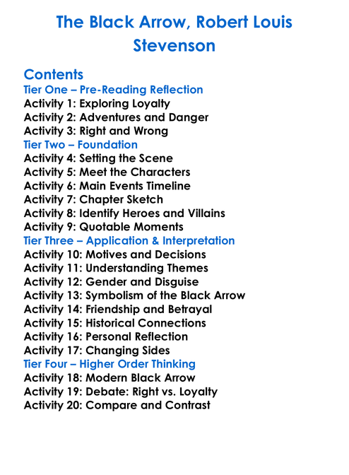 The Black Arrow Robert Louis Stevenson Worksheet Activity Booklet