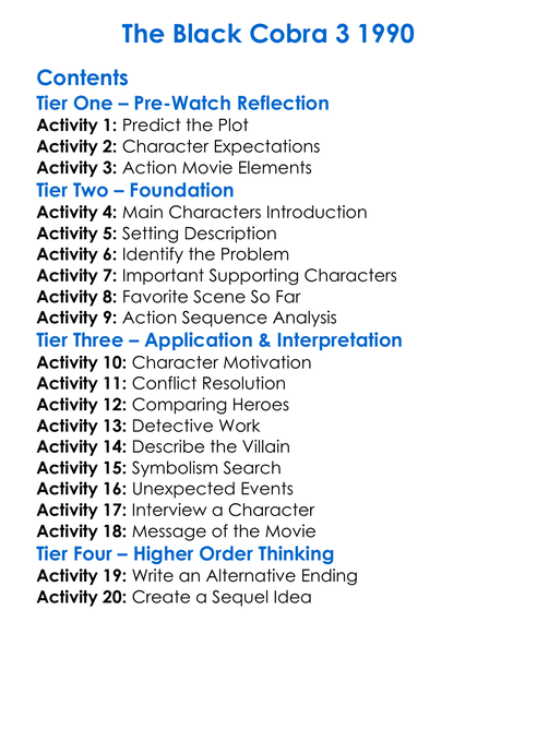 The Black Cobra 3 1990 Worksheet Activity Booklet