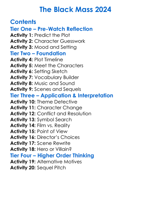 The Black Mass 2024 Worksheet Activity Booklet
