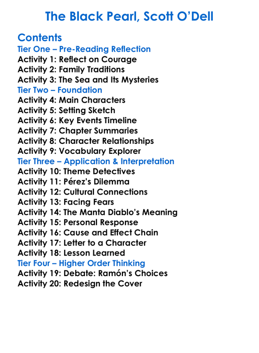 The Black Pearl Scott Odell Worksheet Activity Booklet