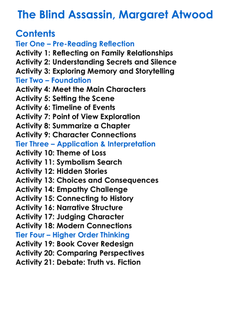 The Blind Assassin Margaret Atwood Worksheet Activity Booklet