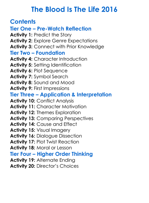 The Blood Is The Life 2016 Worksheet Activity Booklet