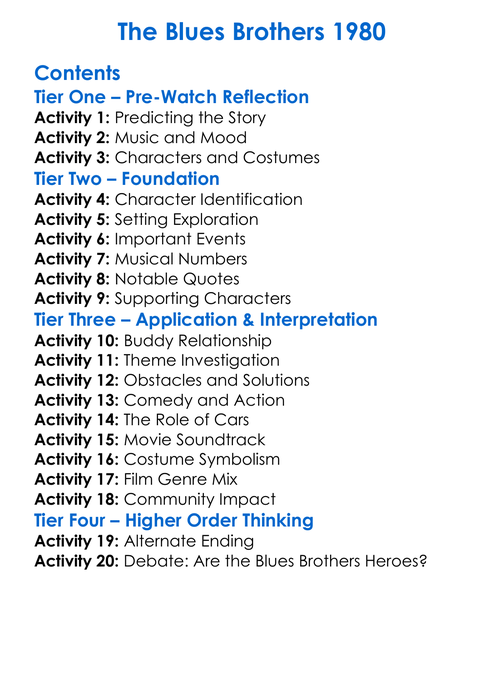 The Blues Brothers 1980 Worksheet Activity Booklet