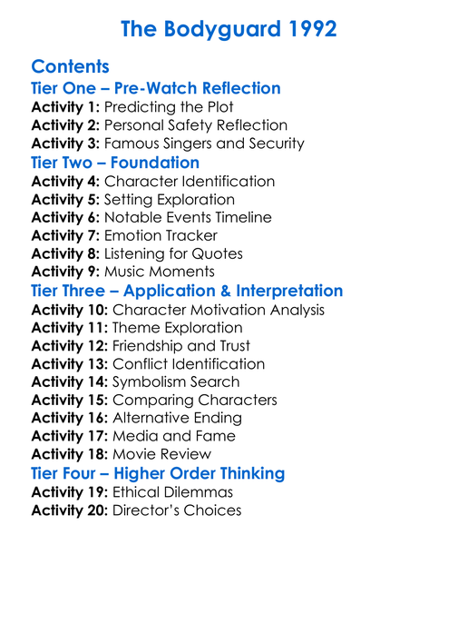 The Bodyguard 1992 Worksheet Activity Booklet