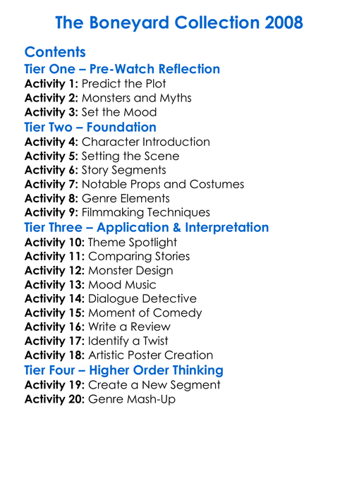 The Boneyard Collection 2008 Worksheet Activity Booklet