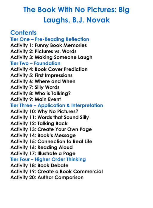 The Book With No Pictures Big Laughs Bj Novak Worksheet Activity Booklet