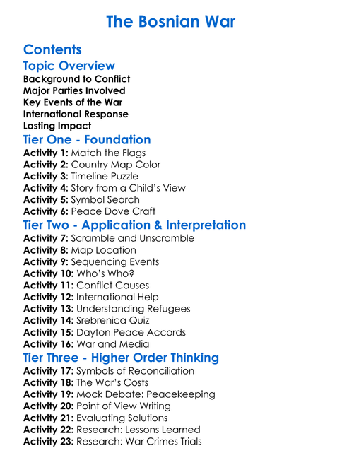 The Bosnian War Worksheet Activity Booklet