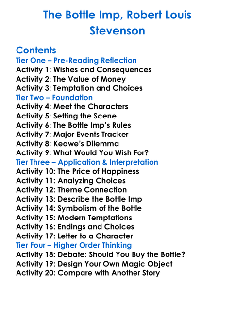 The Bottle Imp Robert Louis Stevenson Worksheet Activity Booklet