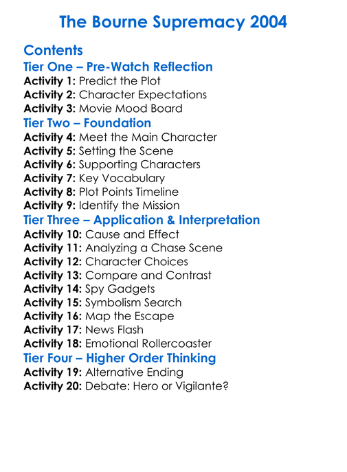 The Bourne Supremacy 2004 Worksheet Activity Booklet