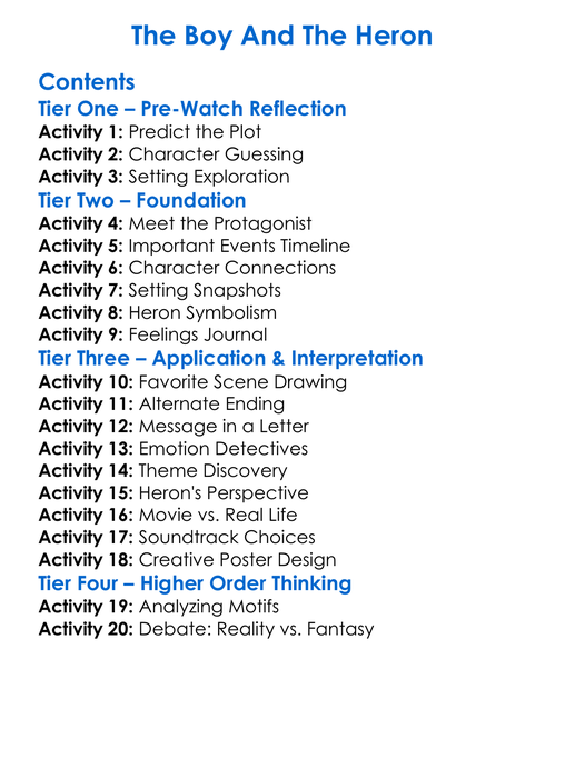 The Boy And The Heron Worksheet Activity Booklet