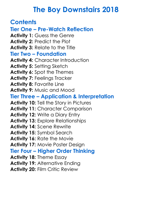The Boy Downstairs 2018 Worksheet Activity Booklet