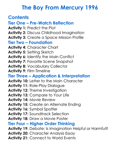 The Boy From Mercury 1996 Worksheet Activity Booklet