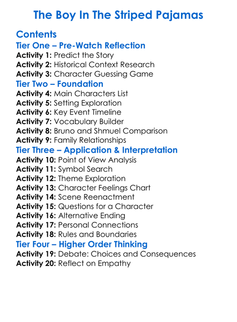 The Boy In The Striped Pajamas Worksheet Activity Booklet