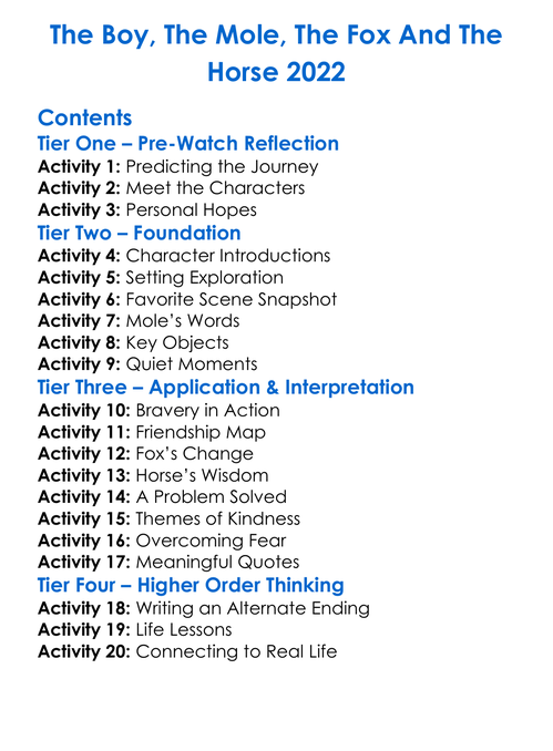 The Boy The Mole The Fox And The Horse 2022 Worksheet Activity Booklet